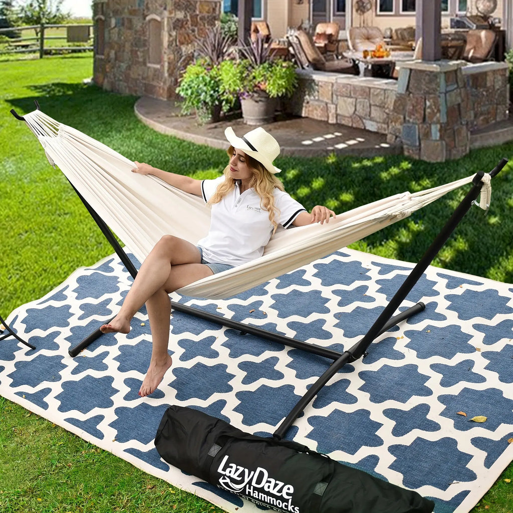 Double Cotton Hammock with Space-Saving Steel Stand – Durable, Comfortable Outdoor Swing for Relaxation and Easy Setup Dropshipman